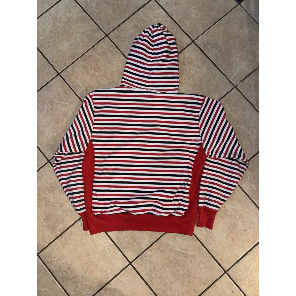 Champion Reverse Weave Hoodie Large Striped Red Black White Pullover Sweatshirt - Picture 3 of 4